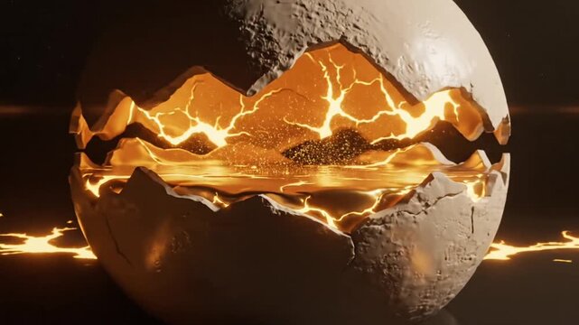 Abstract cracked eggshell revealing glowing molten gold liquid and energetic light patterns within a dark studio environment with reflective surface and scattered light droplets