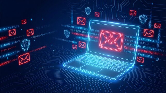 a digital representation of cyber security showcasing a glowing laptop with a lock symbol inside an email surrounded by network lines and shields - Powered by Adobe