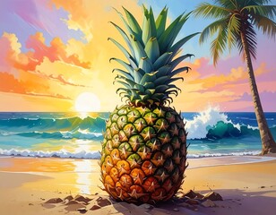 Digital painting of a pineapple on a beach at sunset