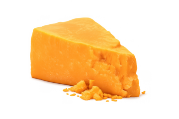Orange cheddar cheese wedge with crumbs on transparent background, dairy product for cooking and snacking