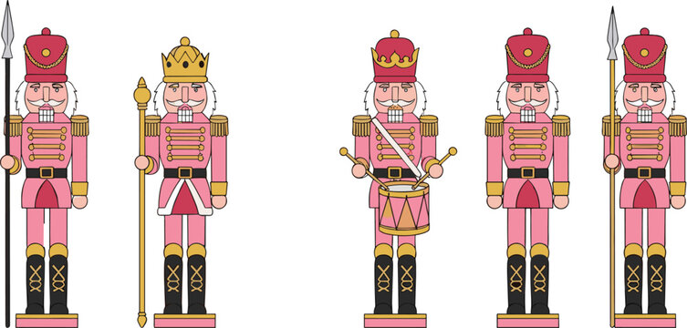 Pink nutcracker soldier characters vector set with king guard drummer and spear in festive toy style
