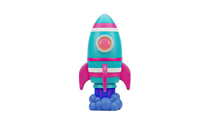 Cartoon Teal and Pink Rocket Launching