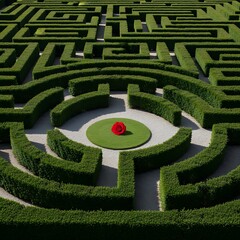 Intricate Green Maze with Central Red Rose in Bright Sunlight