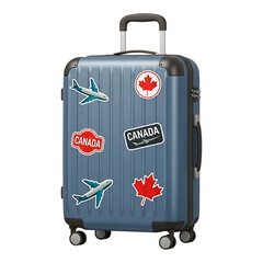 Travel suitcase with canada stickers isolated on white background for tourism, luggage and travel branding designs