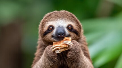 A cute sloth enjoys a snack, showcasing its adorable features and relaxed demeanor against a blurred green backdrop.