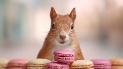 A cute squirrel curiously sits among colorful macarons, creating an adorable and whimsical scene.