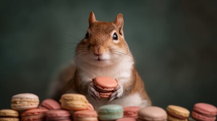 A cute squirrel holds a macaroon, surrounded by colorful pastries, creating a whimsical and charming scene.