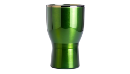 Metallic green insulated tumbler with a sleek design and silver rim, ideal for beverages on the go. The glossy finish reflects light