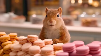 A cute squirrel curiously sits among colorful macarons in a delightful bakery setting, evoking a playful and whimsical atmosphere.