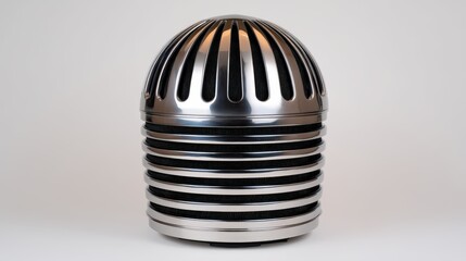 A sleek, metallic object with a dome shape and striped design, likely a decorative or functional piece.