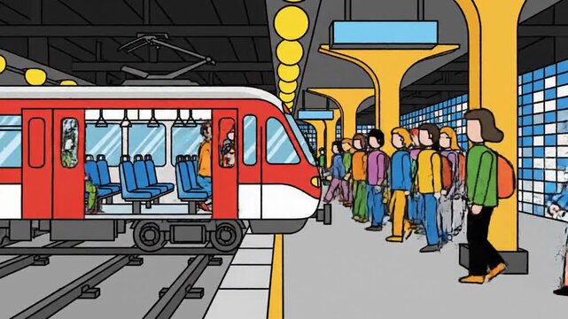 P131-Vector illustration underground metro station with train book coloring 4K 10s
