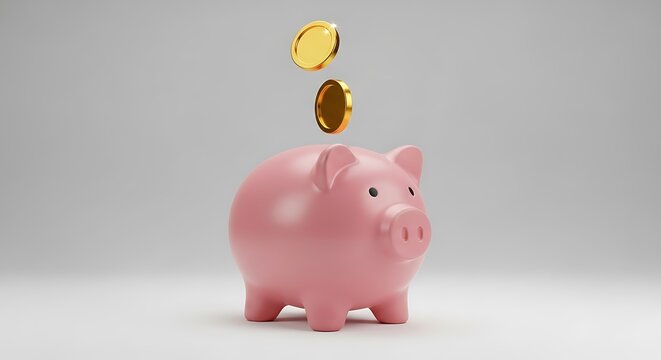 Pink piggy bank saving money with golden coins dropping into the slot