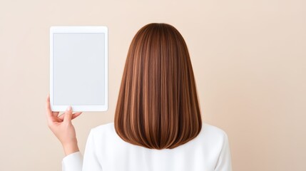 A woman with long, shiny hair holds a blank tablet in front of a plain background, exuding a modern and professional vibe.