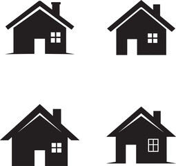Four black silhouette house icons on white background