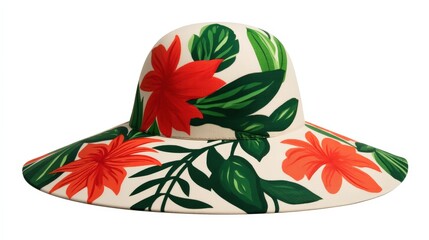 A wide-brimmed hat featuring vibrant red flowers and lush green leaves, perfect for sunny days and tropical outings.