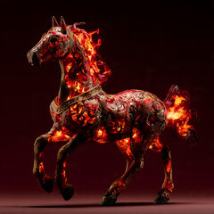 Majestic fire horse zodiac symbol glowing with red and gold flames, traditional Chinese New Year decor, dark red background, cinematic lighting, ultra-detailed, realistic style, copy space