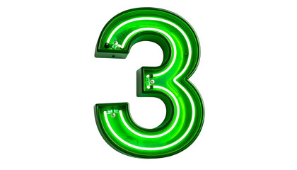 Illuminated numeral "3" in green neon. Detailed neon tubing design on a dark backdrop, presenting a vivid glow. Metallic structure enhances the number?s form