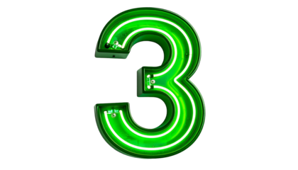 Illuminated numeral "3" in green neon. Detailed neon tubing design on a dark backdrop, presenting a vivid glow. Metallic structure enhances the number?s form