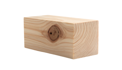 A close-up shot of a rectangular block of light-colored wood, revealing wood grain and a knot on one face against a black backdrop