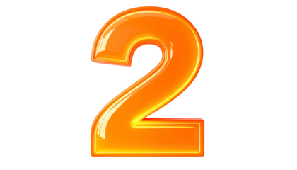 Glossy, orange-colored numeral "2" with a subtle yellow glow effect, set against a stark black backdrop. Rendered in 3D