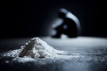 Cocaine powder resting on a dark surface with a blurred silhouette of a drug addict seated