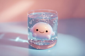 Cute 3D happy sticker character floating inside a clear glass of water