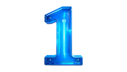 A luminous, three-dimensional number, vibrant blue, floats against a solid black backdrop. Digit features internal lighting and a glossy, reflective surface