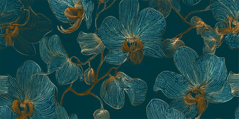 A detailed and intricate dark teal floral pattern with golden accents, featuring stylized flowers and branches, perfect for design and decor.