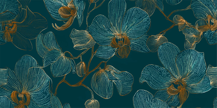 A detailed and intricate dark teal floral pattern with golden accents, featuring stylized flowers and branches, perfect for design and decor. - Powered by Adobe