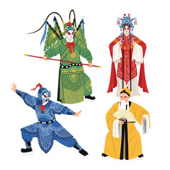 Vibrant flat 2D vector illustration of cartoon Chinese opera actors wearing elaborate traditional performance outfits, isolated against a clean white background, celebrating Asian culture.