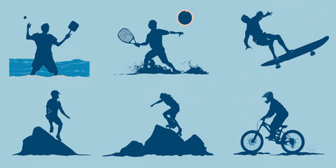 Silhouettes of athletes playing various sports