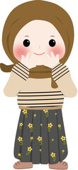 A cheerful cartoon illustration of a young muslim girl wearing a brown hijab and cream sweater with line pattern, smiling and waving isolated on transparent background
