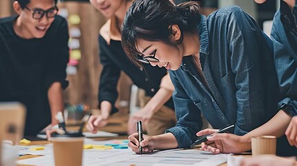 Dedicated young professionals actively collaborating on an innovative concept, discussing ideas and planning strategy