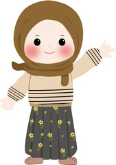 A cheerful cartoon illustration of a young muslim girl wearing a brown hijab and cream sweater with line pattern, smiling and waving isolated on transparent background
