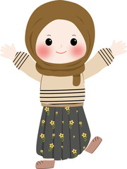 A cheerful cartoon illustration of a young muslim girl wearing a brown hijab and cream sweater with line pattern, smiling and waving isolated on transparent background
