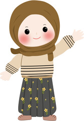A cheerful cartoon illustration of a young muslim girl wearing a brown hijab and cream sweater with line pattern, smiling and waving isolated on transparent background
