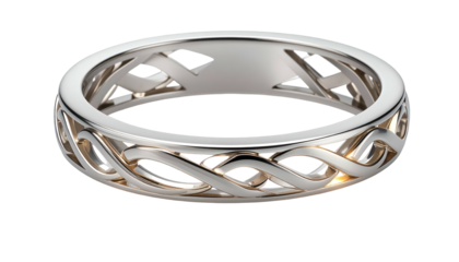 A close-up view presents a highly polished, intricate metal band. Interlaced patterns adorn the exterior, with smooth surfaces, reflecting light