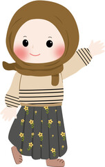 A cheerful cartoon illustration of a young muslim girl wearing a brown hijab and cream sweater with line pattern, smiling and waving isolated on transparent background
