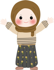 A cheerful cartoon illustration of a young muslim girl wearing a brown hijab and cream sweater with line pattern, smiling and waving isolated on transparent background

