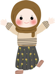 A cheerful cartoon illustration of a young muslim girl wearing a brown hijab and cream sweater with line pattern, smiling and waving isolated on transparent background
