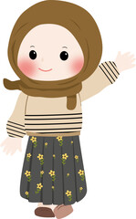 A cheerful cartoon illustration of a young muslim girl wearing a brown hijab and cream sweater with line pattern, smiling and waving isolated on transparent background
