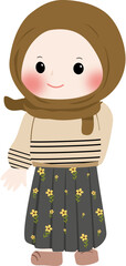 A cheerful cartoon illustration of a young muslim girl wearing a brown hijab and cream sweater with line pattern, smiling and waving isolated on transparent background
