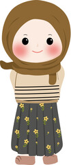 A cheerful cartoon illustration of a young muslim girl wearing a brown hijab and cream sweater with line pattern, smiling and waving isolated on transparent background
