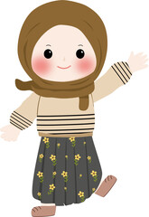 A cheerful cartoon illustration of a young muslim girl wearing a brown hijab and cream sweater with line pattern, smiling and waving isolated on transparent background
