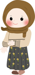 A cheerful cartoon illustration of a young muslim girl wearing a brown hijab and cream sweater with line pattern, smiling and waving isolated on transparent background
