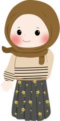 A cheerful cartoon illustration of a young muslim girl wearing a brown hijab and cream sweater with line pattern, smiling and waving isolated on transparent background

