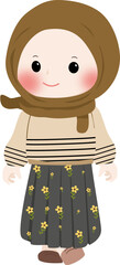 A cheerful cartoon illustration of a young muslim girl wearing a brown hijab and cream sweater with line pattern, smiling and waving isolated on transparent background
