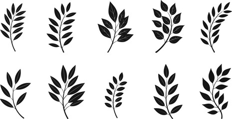 Black leaf branch silhouettes vector set with minimalist botanical foliage elements isolated on white background © MstMukta