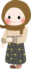 A cheerful cartoon illustration of a young muslim girl wearing a brown hijab and cream sweater with line pattern, smiling and waving isolated on transparent background

