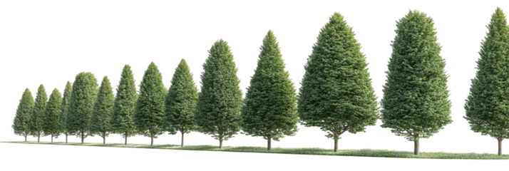 Row of tapered, green trees against a dark background